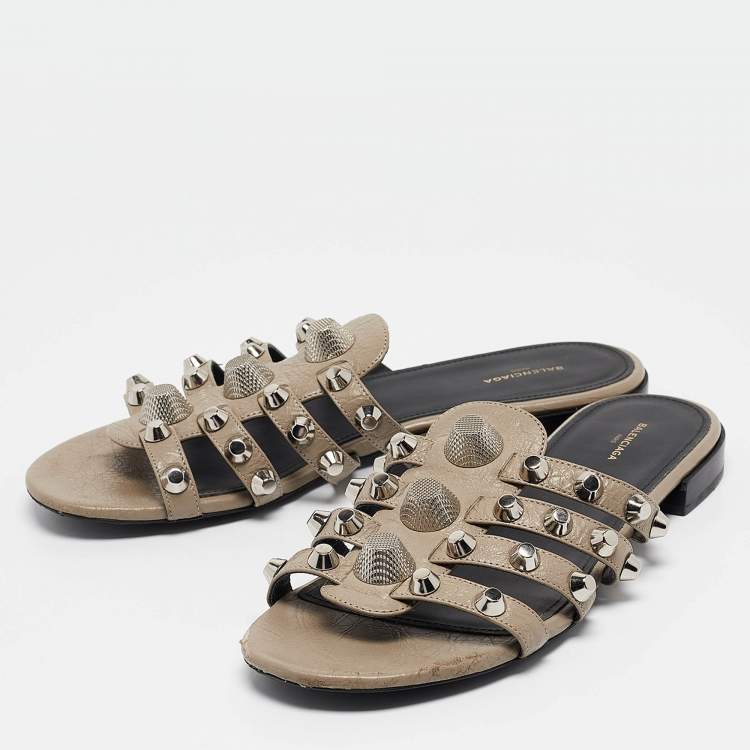 Pre Owned Balenciaga Grey Leather Arena Flat Sandals Size 39.5