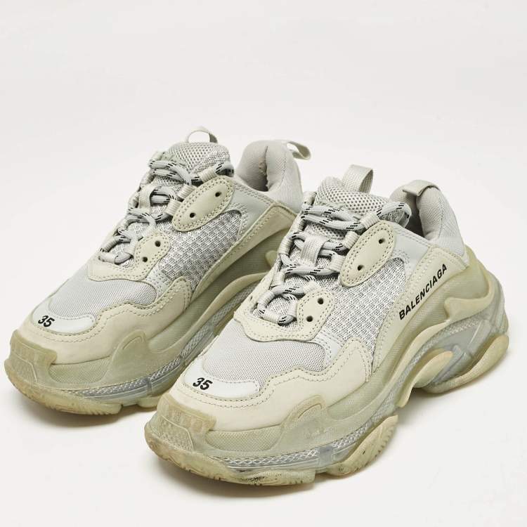 Pre Owned Balenciaga Grey Leather Mesh Triple S Low Top Sneakers Size 35