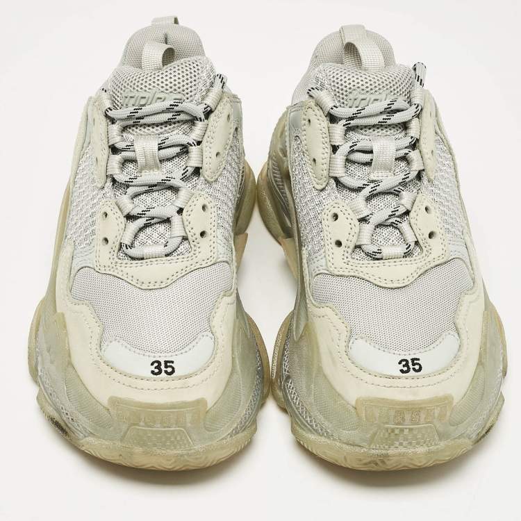 Pre Owned Balenciaga Grey Leather Mesh Triple S Low Top Sneakers Size 35