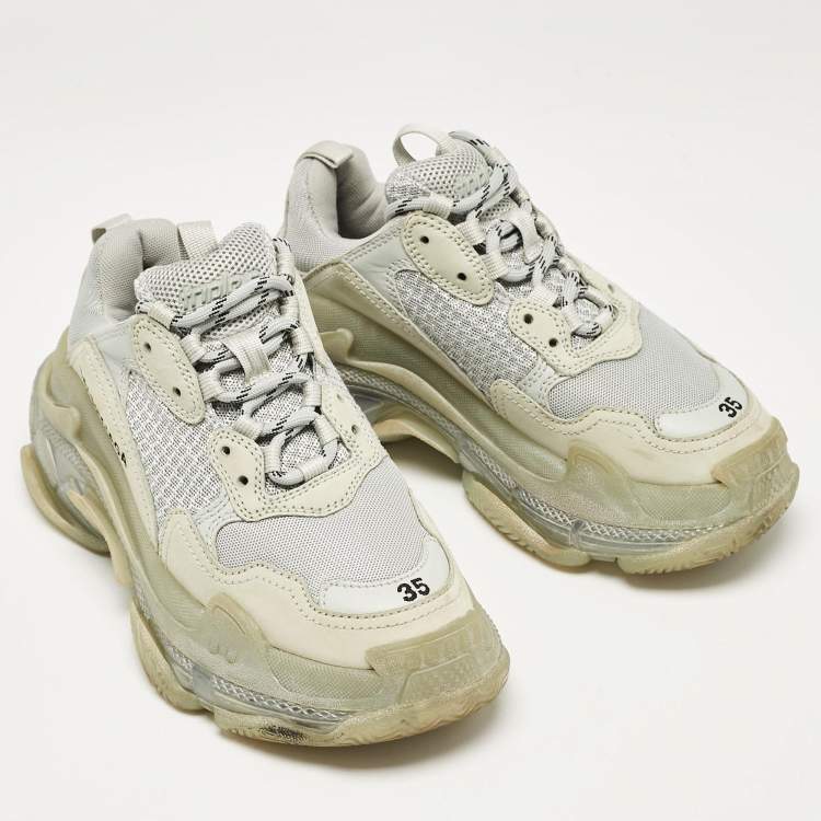 Pre Owned Balenciaga Grey Leather Mesh Triple S Low Top Sneakers Size 35