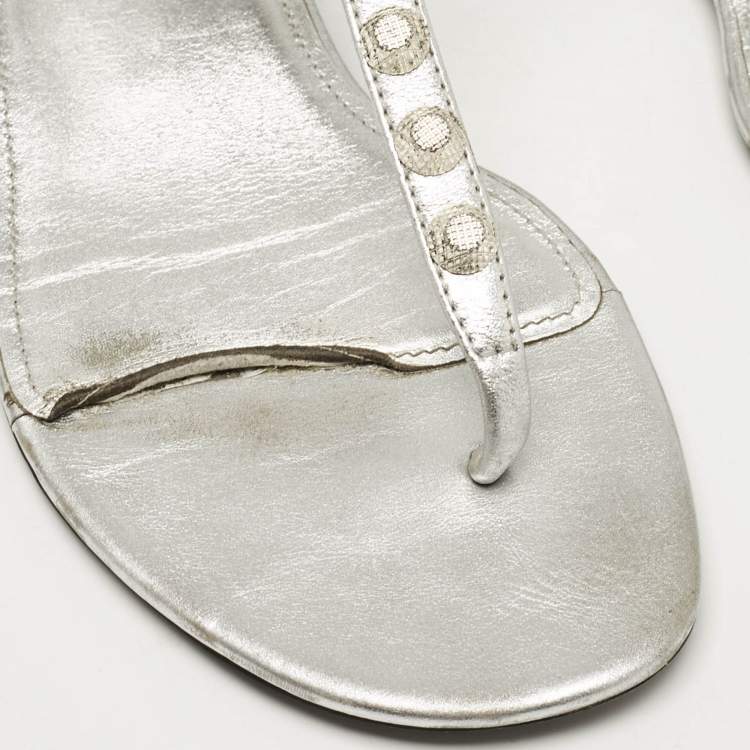 Pre Owned Balenciaga Silver Leather Slingback Flat Sandals Size 39