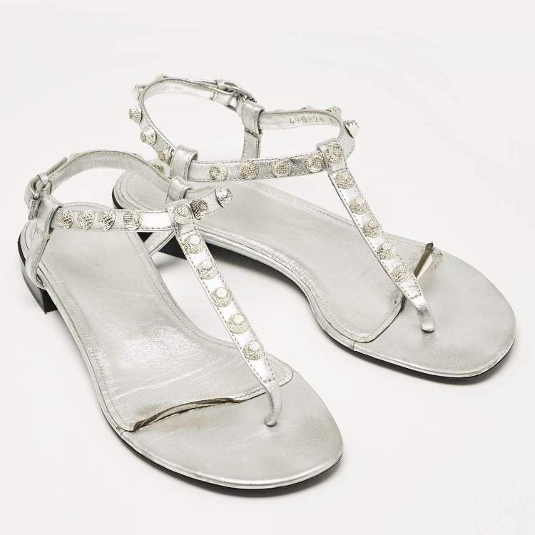 Pre Owned Balenciaga Silver Leather Slingback Flat Sandals Size 39