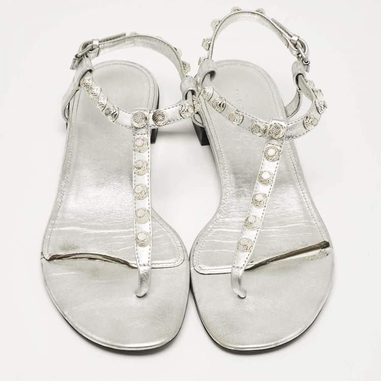 Pre Owned Balenciaga Silver Leather Slingback Flat Sandals Size 39