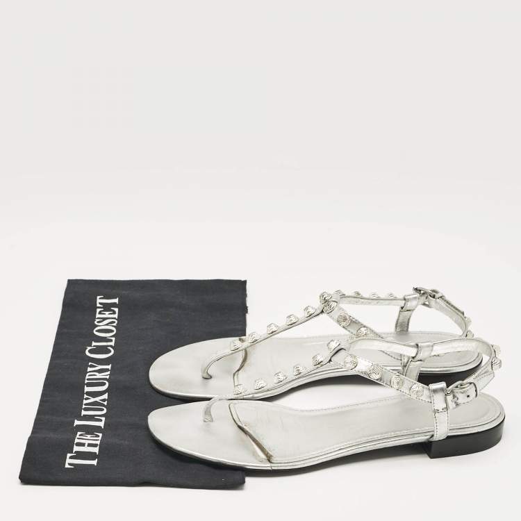 Pre Owned Balenciaga Silver Leather Slingback Flat Sandals Size 39