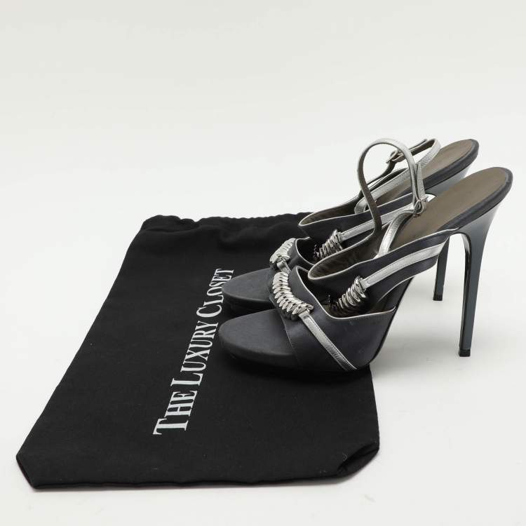 Pre Owned Balenciaga Grey Satin Embellished Slingback Sandals Size 39.5