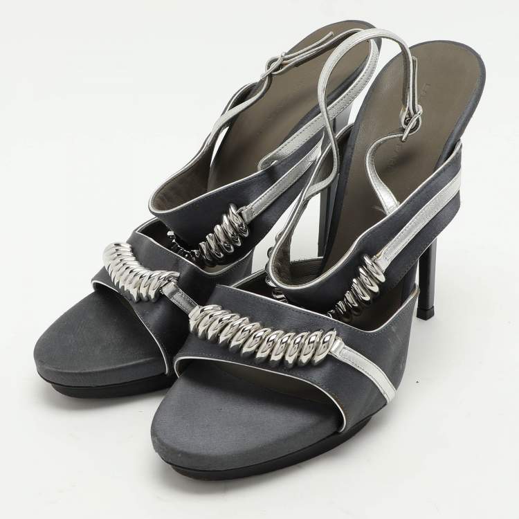 Pre Owned Balenciaga Grey Satin Embellished Slingback Sandals Size 39.5
