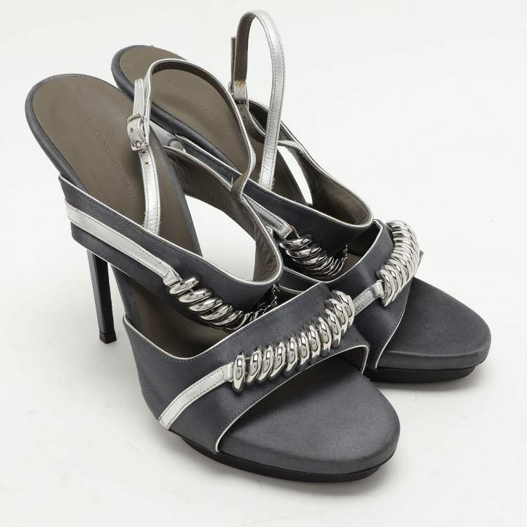 Pre Owned Balenciaga Grey Satin Embellished Slingback Sandals Size 39.5