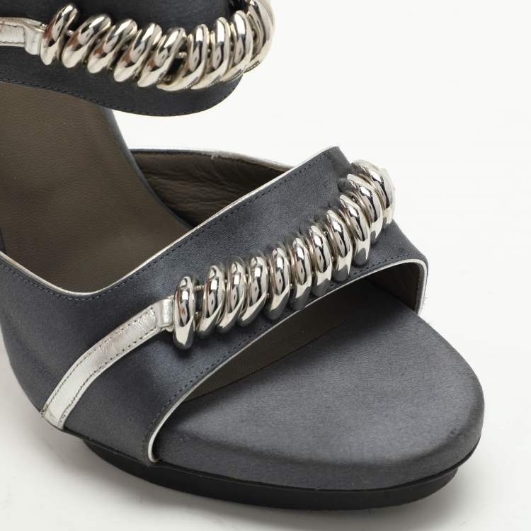 Pre Owned Balenciaga Grey Satin Embellished Slingback Sandals Size 39.5