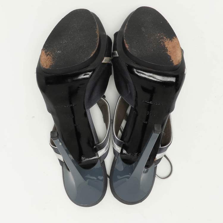 Pre Owned Balenciaga Grey Satin Embellished Slingback Sandals Size 39.5
