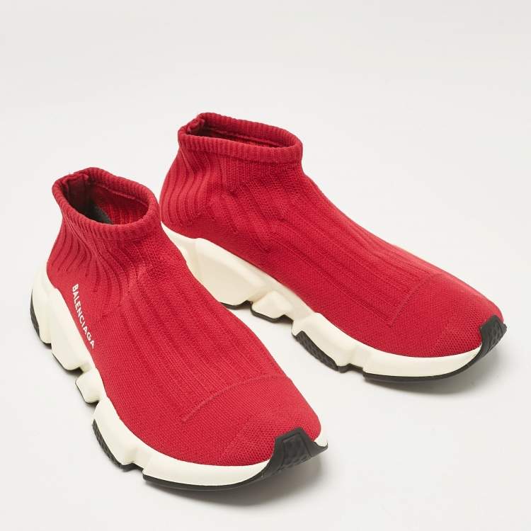 Pre Owned Balenciaga Red Knit Fabric Speed Trainer Slip On Sneakers Size 40
