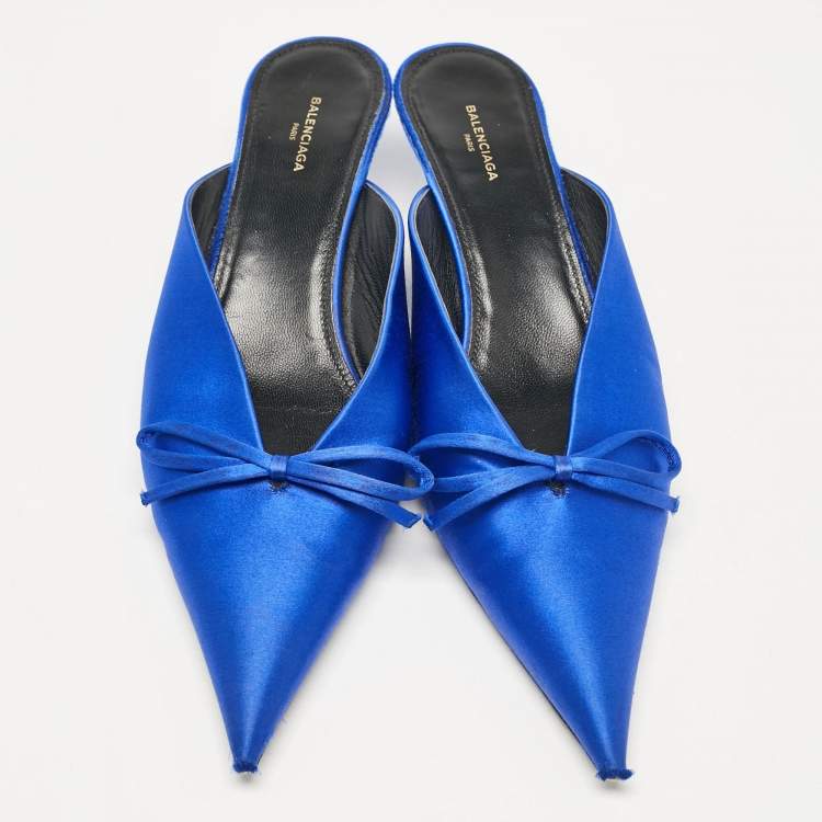 Pre Owned Balenciaga Royal Blue Satin Bow Knife Heel Mules Size 38