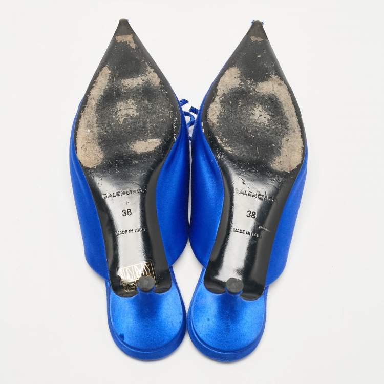 Pre Owned Balenciaga Royal Blue Satin Bow Knife Heel Mules Size 38