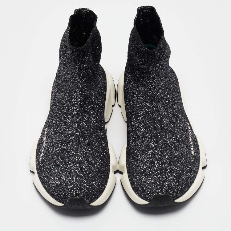 Pre Owned Balenciaga Black/Silver Lurex Fabric Speed Trainer Sneakers Size 38