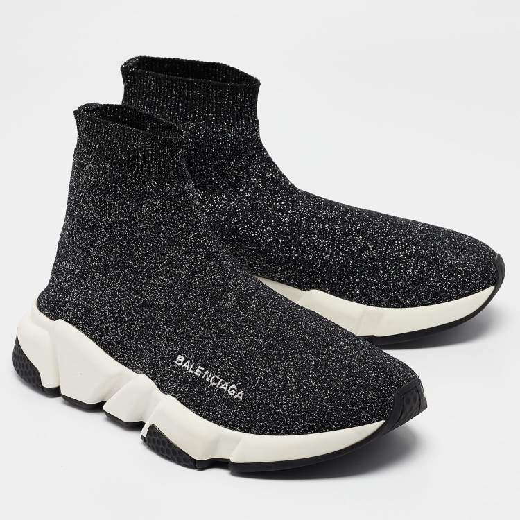 Pre Owned Balenciaga Black/Silver Lurex Fabric Speed Trainer Sneakers Size 38