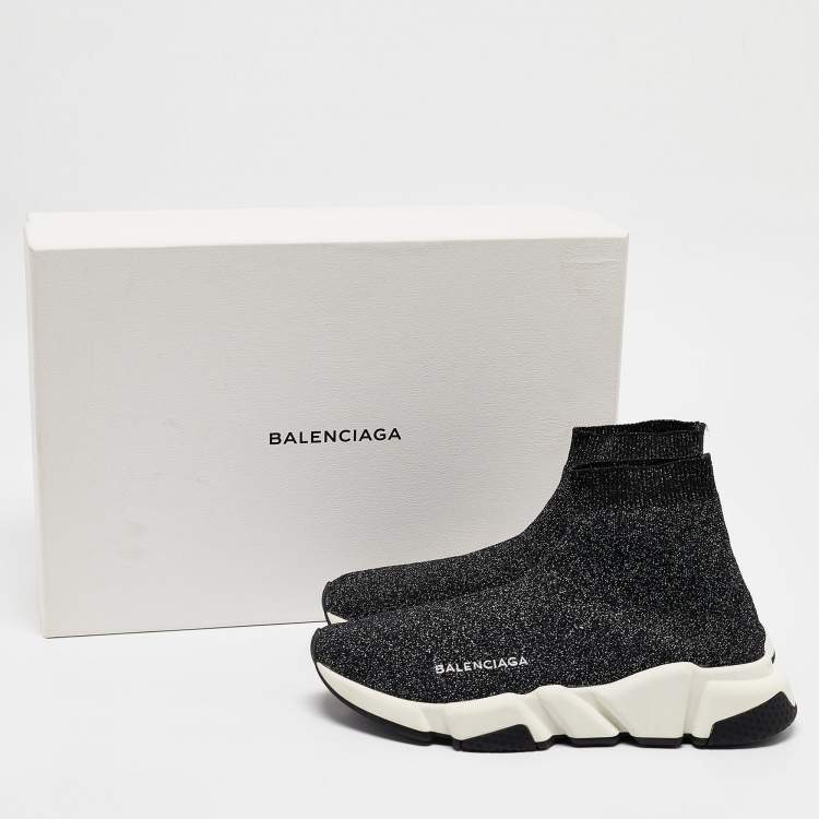 Pre Owned Balenciaga Black/Silver Lurex Fabric Speed Trainer Sneakers Size 38