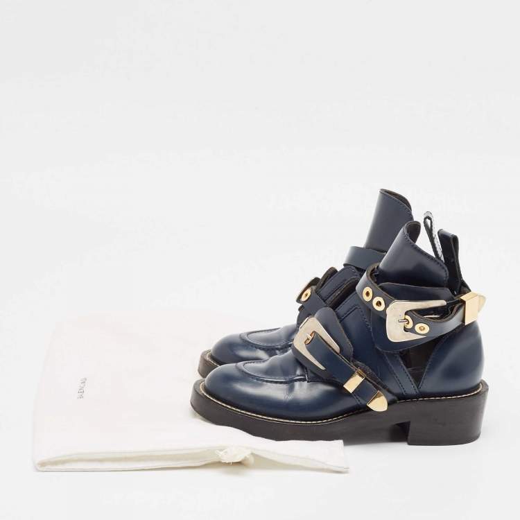 Pre Owned Balenciaga Navy Blue Leather Ceinture Ankle Boots Size 36