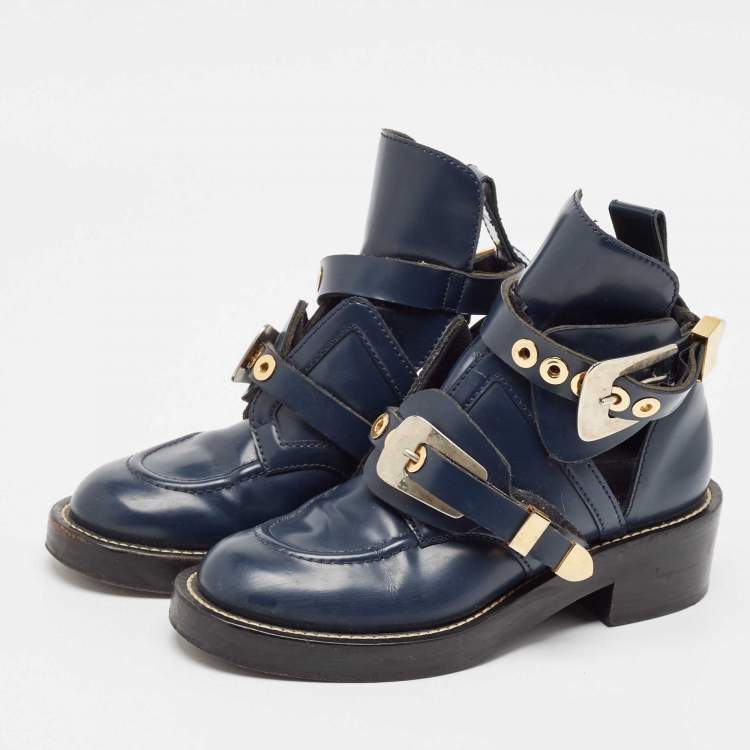 Pre Owned Balenciaga Navy Blue Leather Ceinture Ankle Boots Size 36