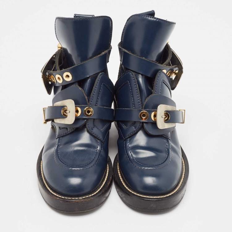 Pre Owned Balenciaga Navy Blue Leather Ceinture Ankle Boots Size 36
