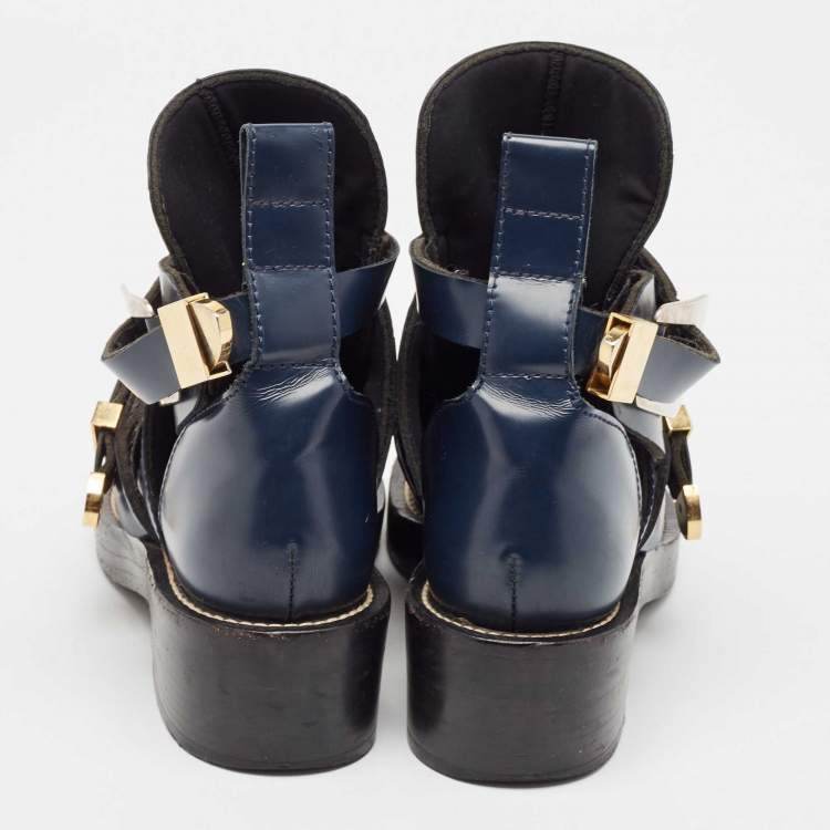 Pre Owned Balenciaga Navy Blue Leather Ceinture Ankle Boots Size 36
