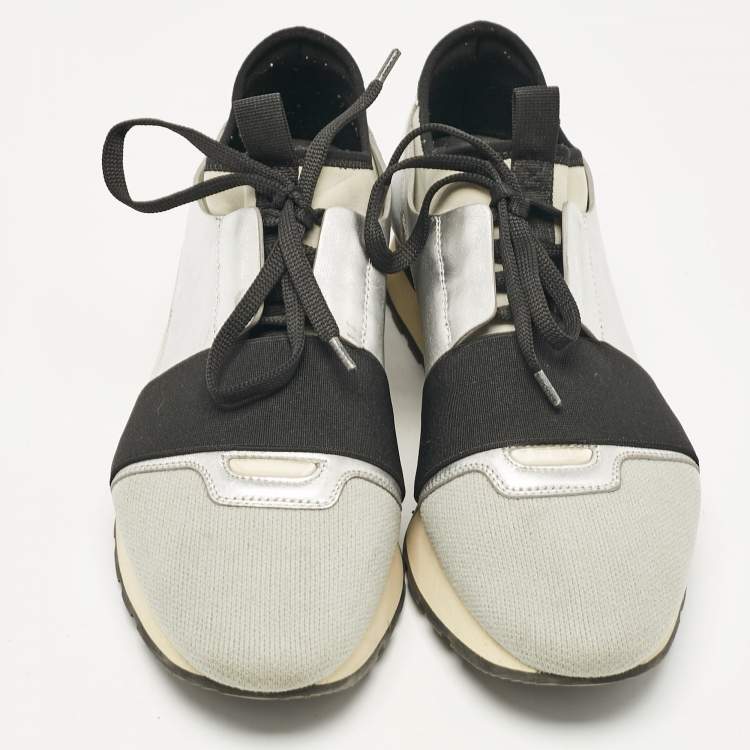 Pre Owned Balenciaga Silver/Grey Fabric and Leather Race Runner  Sneakers Size 40