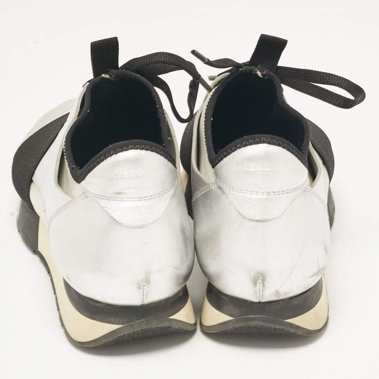 Pre Owned Balenciaga Silver/Grey Fabric and Leather Race Runner  Sneakers Size 40