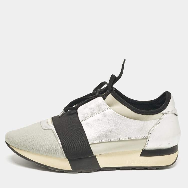 Pre Owned Balenciaga Silver/Grey Fabric and Leather Race Runner  Sneakers Size 40