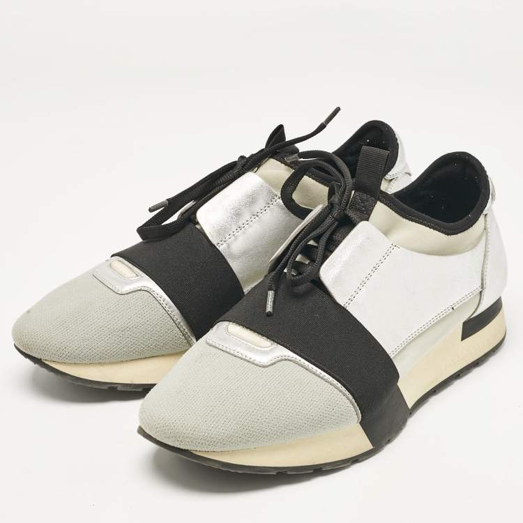 Pre Owned Balenciaga Silver/Grey Fabric and Leather Race Runner  Sneakers Size 40