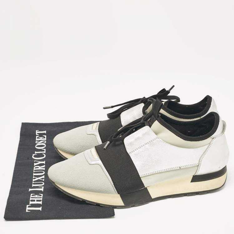 Pre Owned Balenciaga Silver/Grey Fabric and Leather Race Runner  Sneakers Size 40