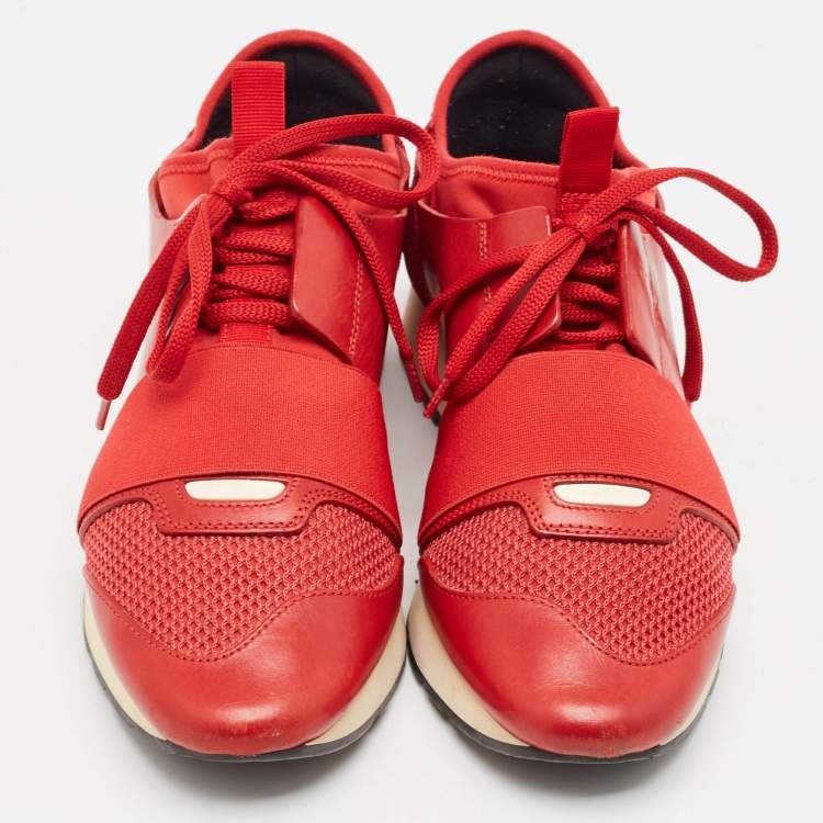 Pre Owned Balenciaga Red Leather  and Suede Race Runner Lace Up Sneakers Size 38
