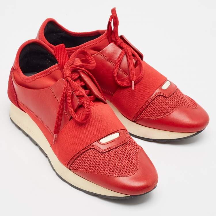 Pre Owned Balenciaga Red Leather  and Suede Race Runner Lace Up Sneakers Size 38
