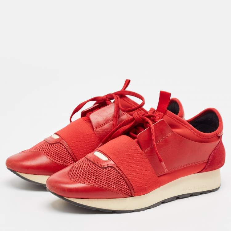 Pre Owned Balenciaga Red Leather  and Suede Race Runner Lace Up Sneakers Size 38