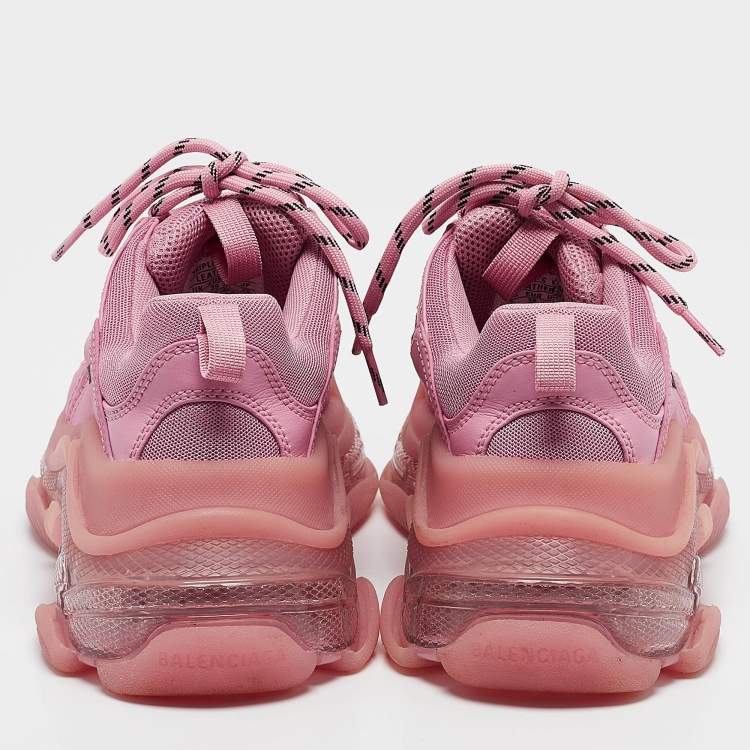 مملوكة مسبقًا Balenciaga Pink Mesh and Nubuck Leather Triple S Clear Sole Lace Up Sneakers Size 39