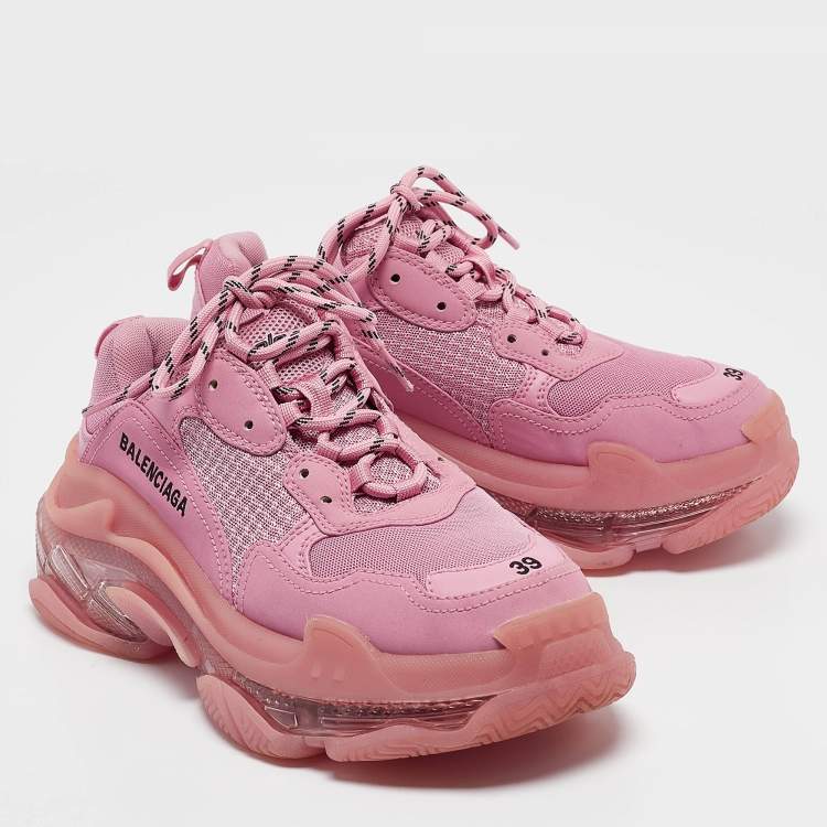 مملوكة مسبقًا Balenciaga Pink Mesh and Nubuck Leather Triple S Clear Sole Lace Up Sneakers Size 39