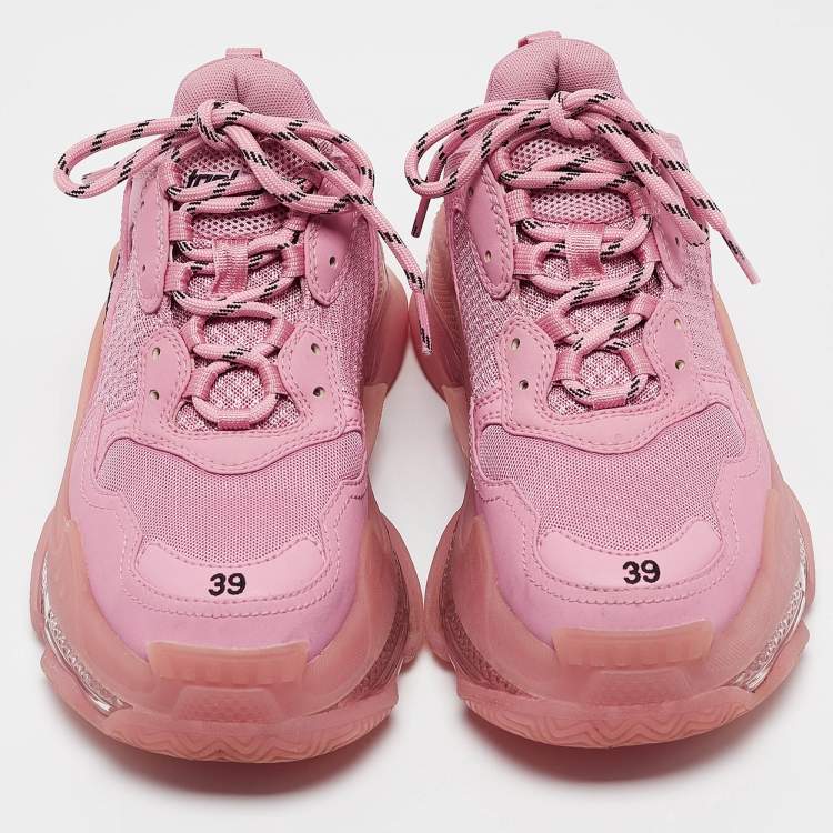 مملوكة مسبقًا Balenciaga Pink Mesh and Nubuck Leather Triple S Clear Sole Lace Up Sneakers Size 39