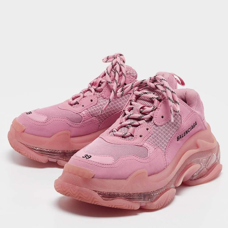 مملوكة مسبقًا Balenciaga Pink Mesh and Nubuck Leather Triple S Clear Sole Lace Up Sneakers Size 39