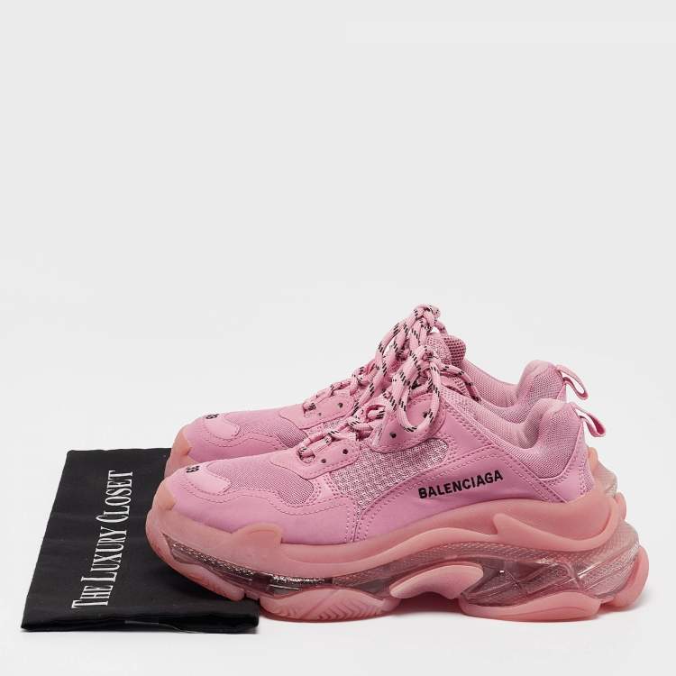 مملوكة مسبقًا Balenciaga Pink Mesh and Nubuck Leather Triple S Clear Sole Lace Up Sneakers Size 39