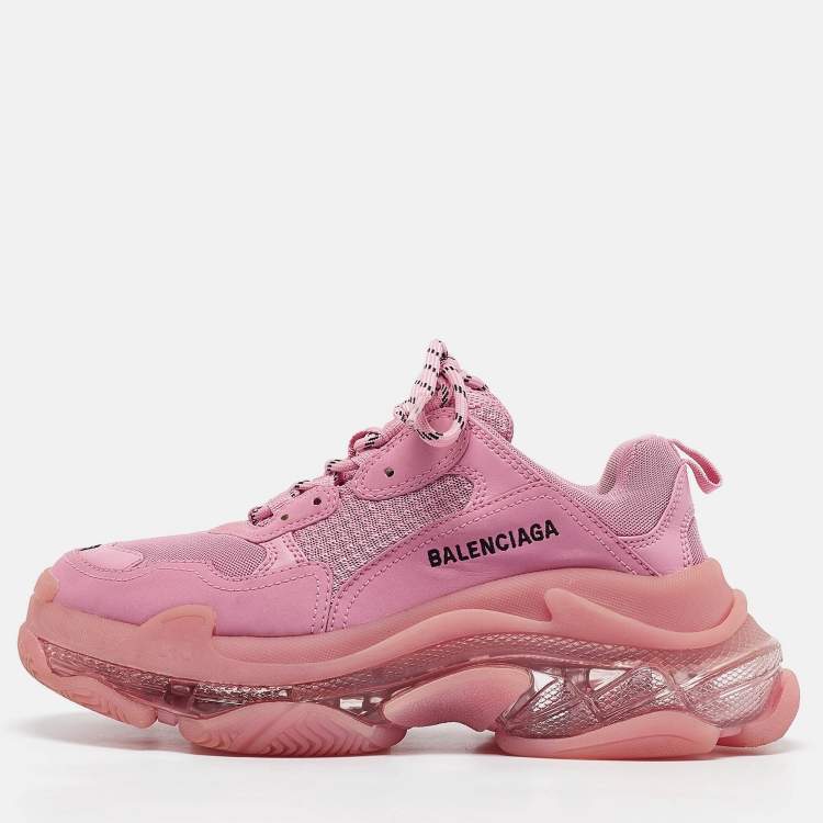 مملوكة مسبقًا Balenciaga Pink Mesh and Nubuck Leather Triple S Clear Sole Lace Up Sneakers Size 39