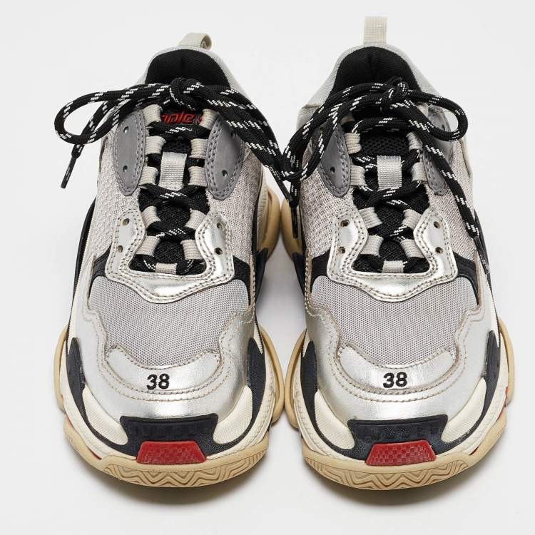 Pre Owned Balenciaga Silver Faux Leather and Mesh Triple S Sneakers Size 38