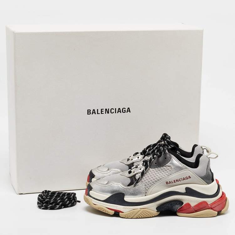 Pre Owned Balenciaga Silver Faux Leather and Mesh Triple S Sneakers Size 38