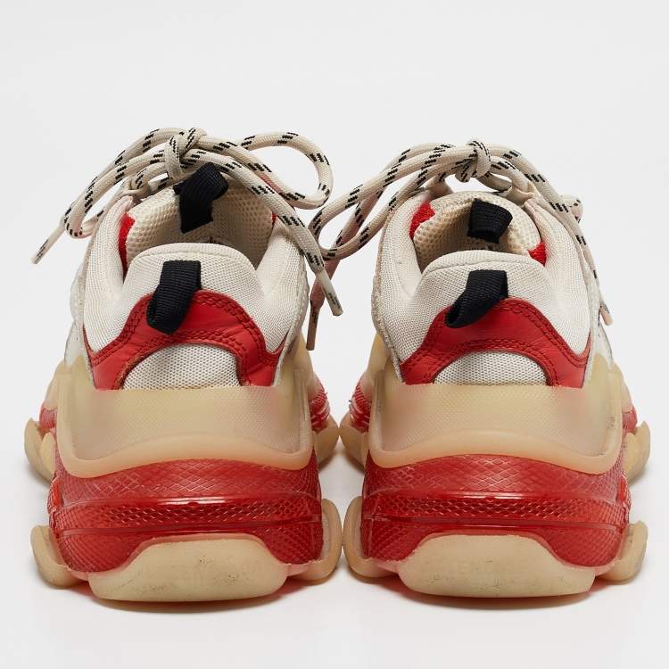 Pre Owned Balenciaga White/Red Leather and Mesh Triple S Clear Sole Sneakers Size 36