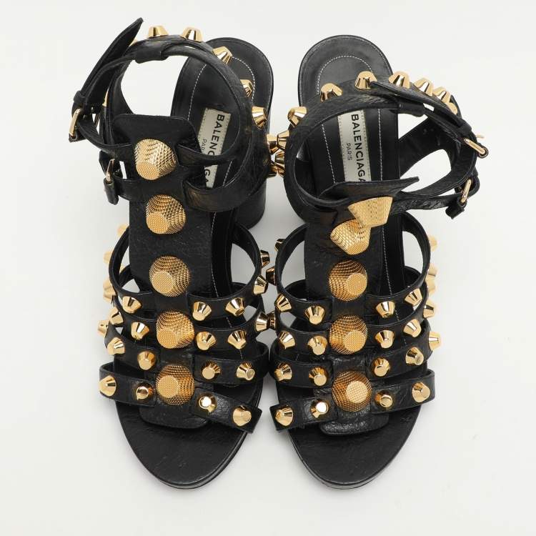 Pre Owned Balenciaga Black Leather Arena Ankle Strap Sandals Size 38
