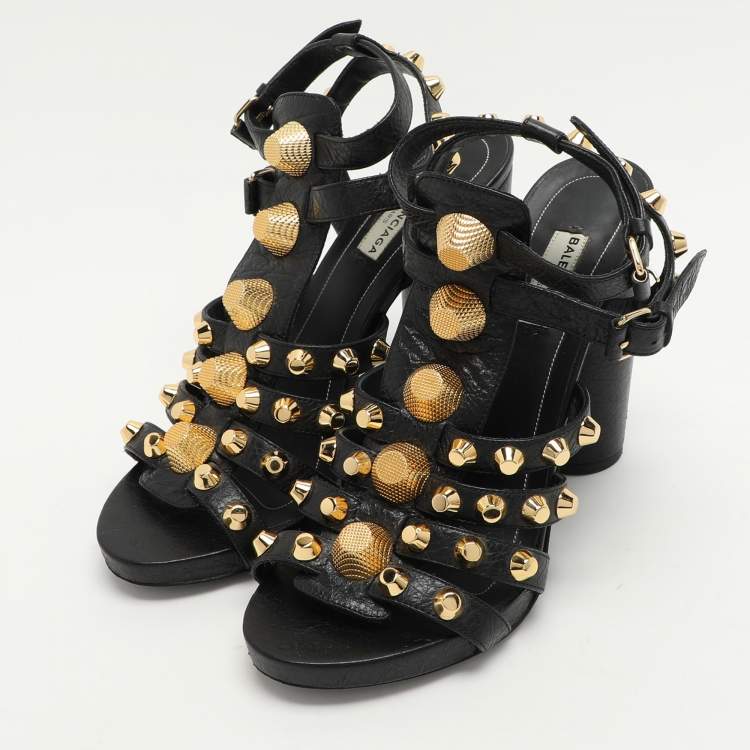 Pre Owned Balenciaga Black Leather Arena Ankle Strap Sandals Size 38