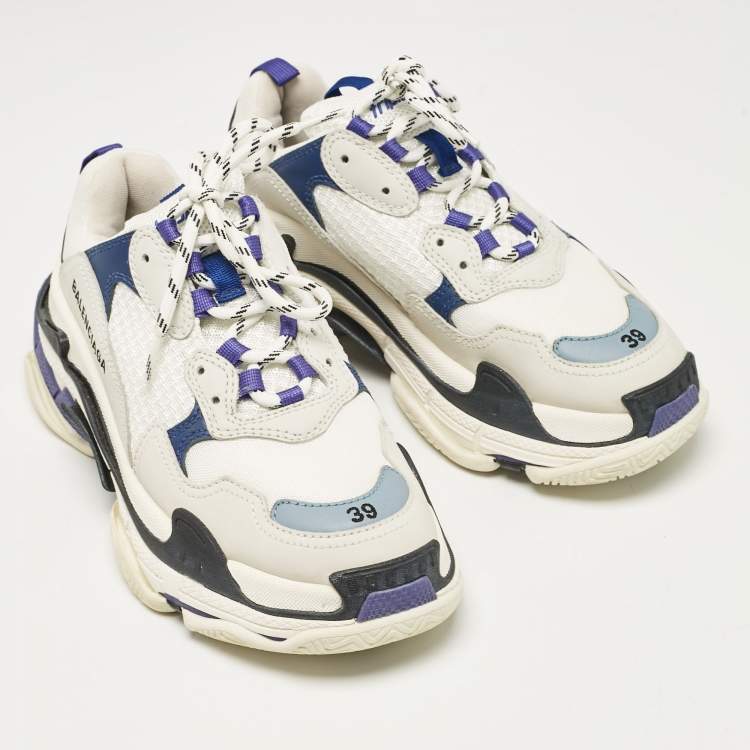 مملوكة مسبقًا Balenciaga White/Blue Mesh and Leather Triple S Sneakers Size 39