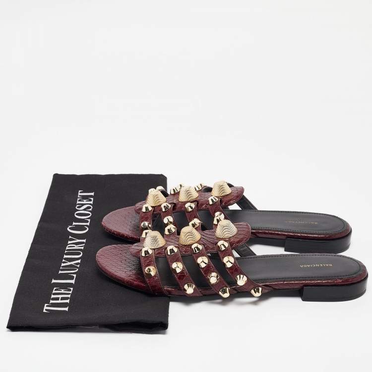 Pre Owned Balenciaga Burgundy Embossed Python Studded Arena Flat Slides Size 38.5