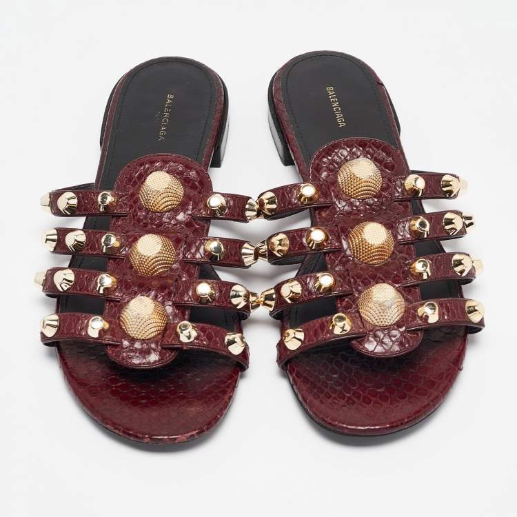 Pre Owned Balenciaga Burgundy Embossed Python Studded Arena Flat Slides Size 38.5