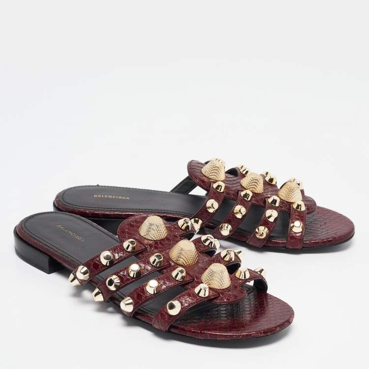 Pre Owned Balenciaga Burgundy Embossed Python Studded Arena Flat Slides Size 38.5