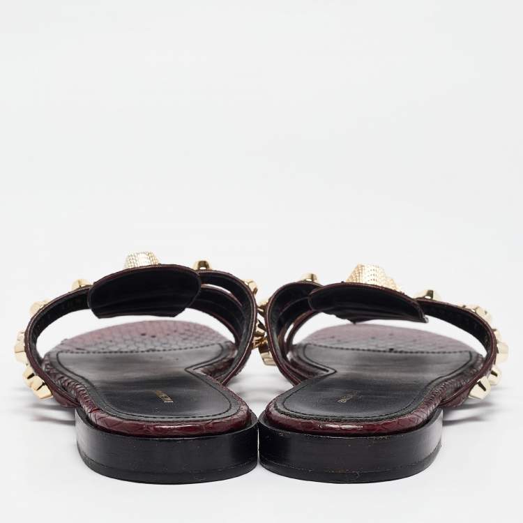 Pre Owned Balenciaga Burgundy Embossed Python Studded Arena Flat Slides Size 38.5