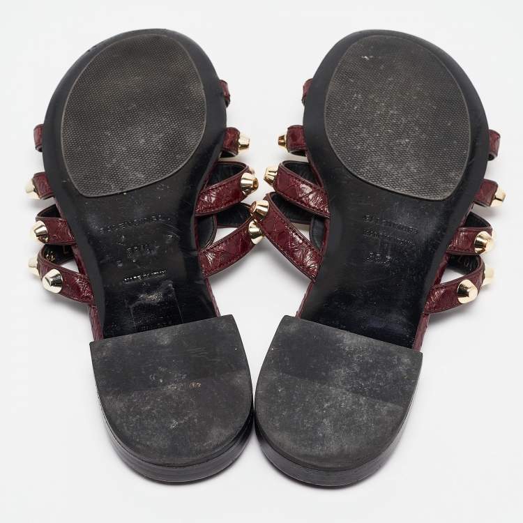 Pre Owned Balenciaga Burgundy Embossed Python Studded Arena Flat Slides Size 38.5