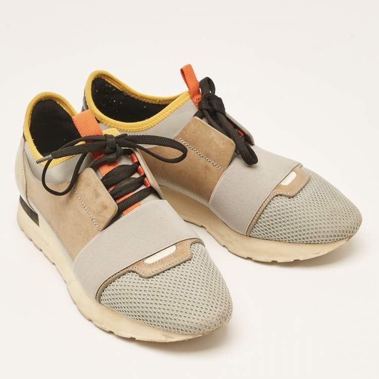 Pre Owned Balenciaga Grey Leather and Mesh Race Runner Lace Up Sneakers Size 39