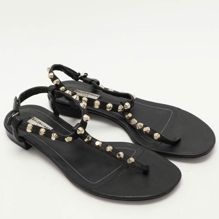 Pre Owned Balenciaga Black Leather Arena Flat Sandals Size 39